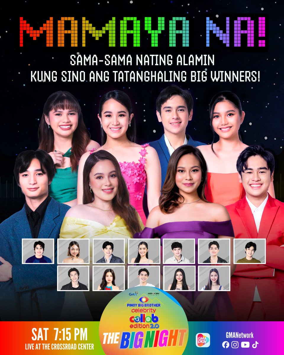 MAMAYA NA ANG PINAKAHIHINTAY NA GABI! 🌟

Apat na buwang puno ng saya, luha, pagsubok, at pagkakaibigan… at ngayon, narito na tayo sa dulo. 🥹✨

Pinoy Big Brother Celebrity Collab Edition 2.0: The Big Night, ngayong gabi na, 7:15 PM sa GMA! 🔥

#PBBcollabWithGMA