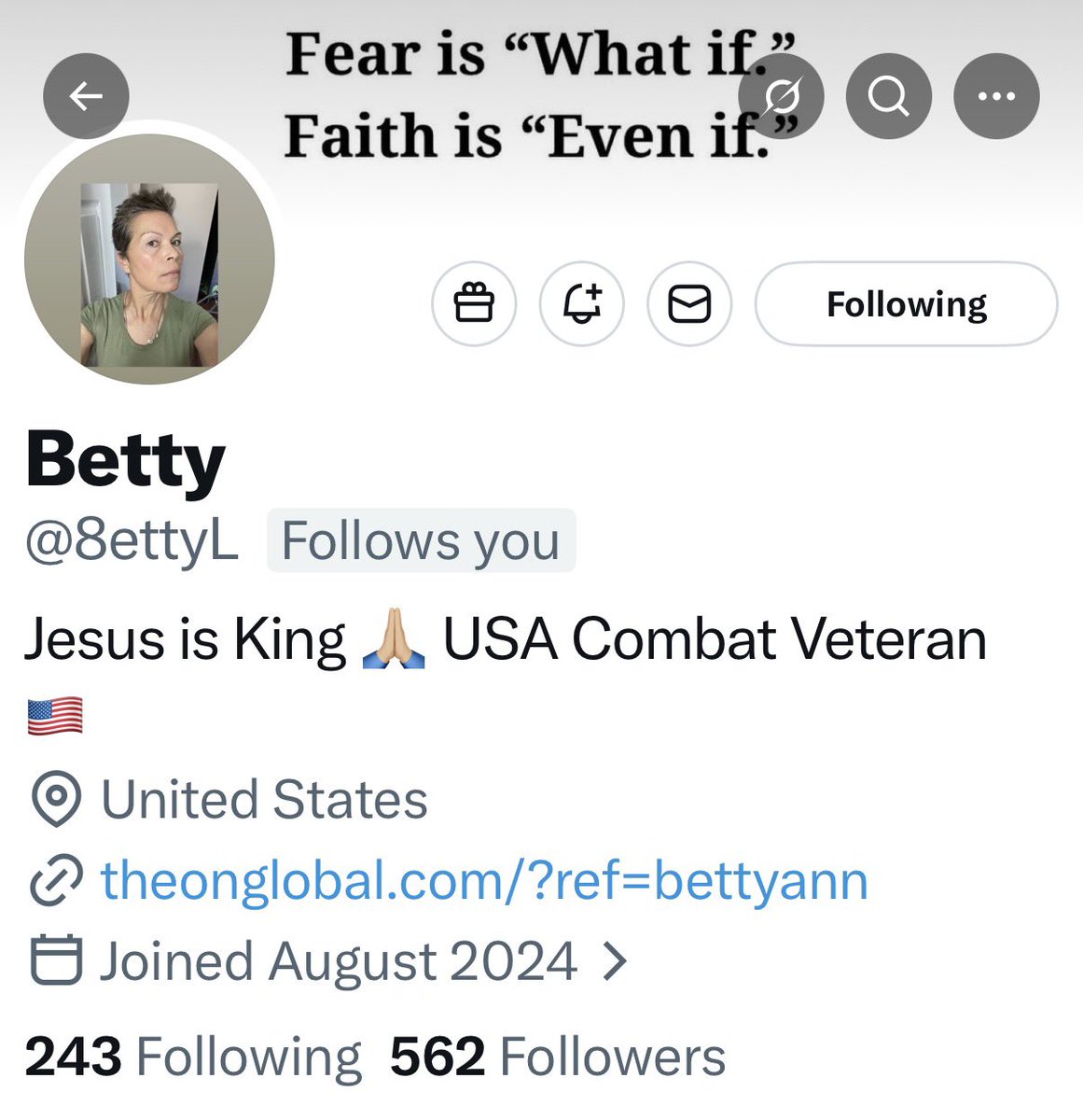 Please meet <a href="/8ettyL/">Betty</a>.

Betty is a USA Combat Veteran and a great person. She is passionate about her country and Jesus.

Please consider supporting Betty.

Thank you for your service.🫡