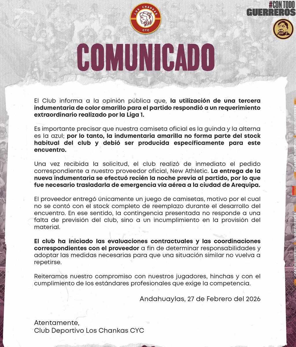 Los Chankas se pronunció sobre lo sucedido en Arequipa, donde se quedaron con un jugador menos por aproximadamente 10 minutos, al no poder cambiarse la camiseta. Aseveran 2 puntos:

🔶 La Liga les solicitó una indumentaria adicional amarilla, de manera extraordinaria, a pesar de