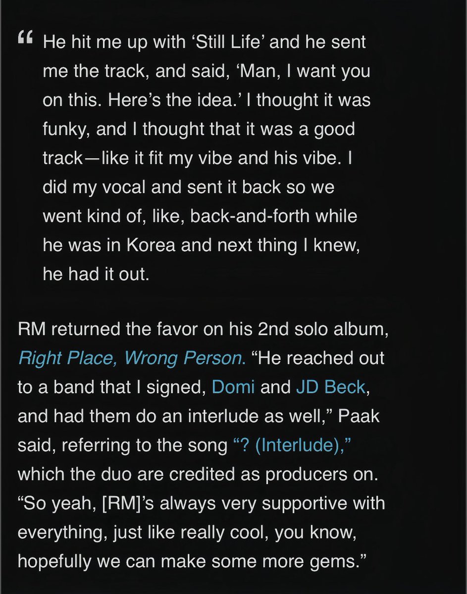 Just finished reading this amazing interview! I didn't realize Anderson .Paak talked so extensively about his deep bond with RM. ♥️

It’s heart-warming to learn how their connection started back in LA when .Paak took his son to a BTS concert. RM promised back then to reach out