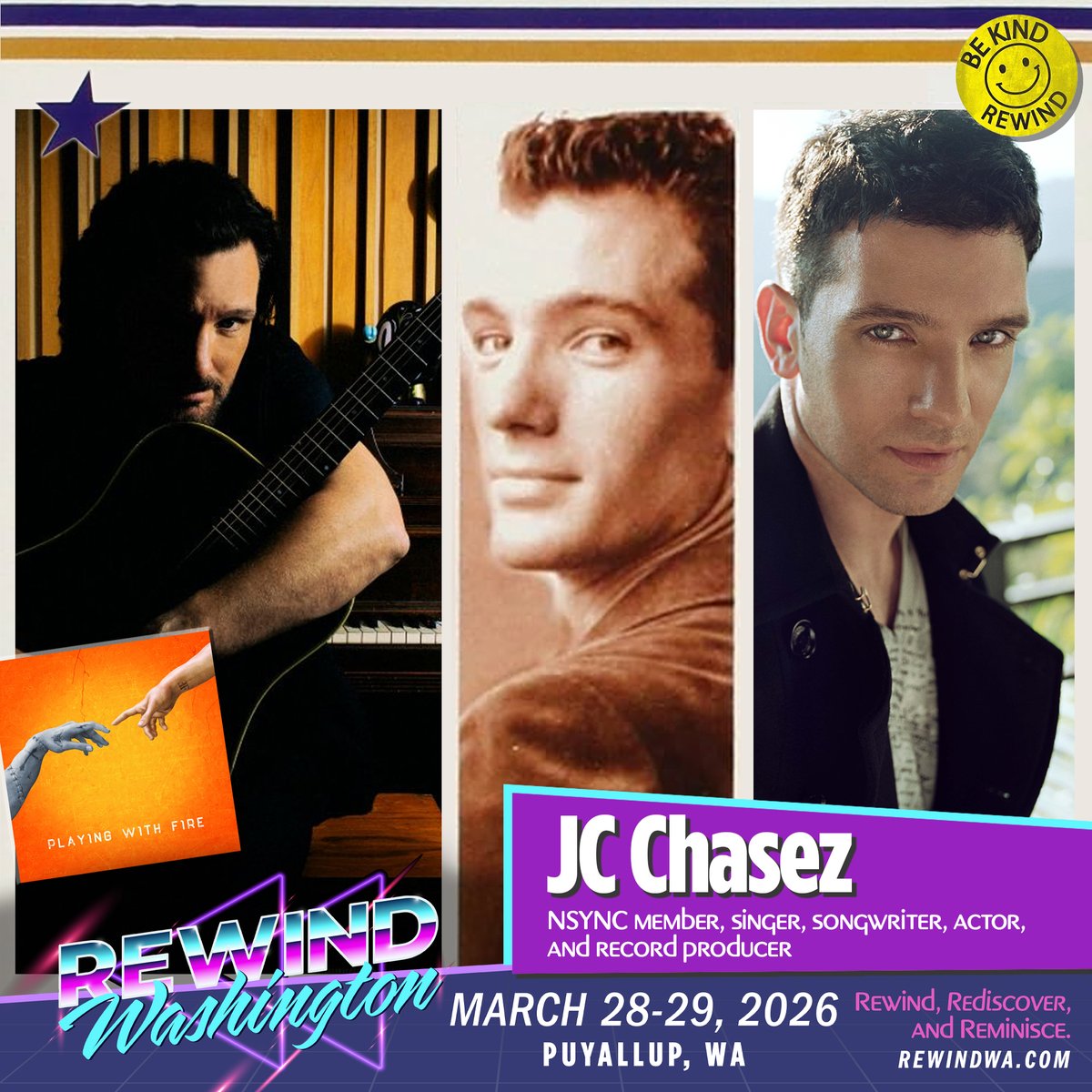 rewindwa's tweet photo. It ain't no lie, JC Chasez is heading to Rewind Washington.  Please welcome JC Chasez to the first ever Rewind Washington convention on March 28th and 29th in Puyallup.

JC Chasez is a multi-Grammy nominated singer, songwriter, record producer, and actor well known for his central role in the late 1990s and early 2000s pop phenomenon *NSYNC. He began his entertainment career as a performer on The All-New Mickey Mouse Club (1991–1994), where he honed his singing, dancing, and on-camera skills alongside future stars like Justin Timberlake, Britney Spears, and Christina Aguilera.

In 1995, he joined *NSYNC as one of the group's primary vocalists. *NSYNC achieved massive global success, selling tens of millions of albums and becoming one of the best-selling boy bands in music history. Their self-titled debut and follow-up No Strings Attached shattered sales records, with the latter's lead single "Bye Bye Bye" and others like "It's Gonna Be Me," "Tearin' Up My Heart," and "God Must Have Spent a Little More Time on You" dominating charts and MTV.

Chasez co-wrote several tracks across their discography, including "Selfish," "The Two of Us," "Up Against the Wall," and "The Game Is Over" on the 2001 album Celebrity, showcasing his growing songwriting talent.

After *NSYNC entered an indefinite hiatus following their 2002 Celebrity Tour, Chasez released a solo album, Schizophrenic, in 2004. Chasez has spent time as a songwriter and producer, contributing to projects for various artists. Throughout his career, he has performed or recorded with artists including Elton John, Ariana Grande, Aerosmith, Mary J Blige, Britney Spears, Smokey Robinson, Michael Jackson, Stevie Wonder, Celine Dion, Miguel, Aloe Blacc and Gloria Estefan. In addition to his music career, JC has held various on-camera appearances, including being a series judge on all seven seasons of MTV’s America’s Best Dance Crew.

Most recently In 2024, Chasez and his writing partner Jimmy Harry released “Playing with Fire,” a 16-track musical theater concept album, inspired by Mary Shelley's Frankenstein, marking his first major recorded project in two decades and blending pop, electronic, and classical elements.  The project is currently in development with a book being written for the musical.

Meet JC Saturday and Sunday at Rewind Washington. He will be with us meeting fans, signing autographs, taking photos, and hosting a special event for his Superfans. More details are still to come. Tickets for Rewind Washington are on sale now at https://t.co/R7r2jshvgT