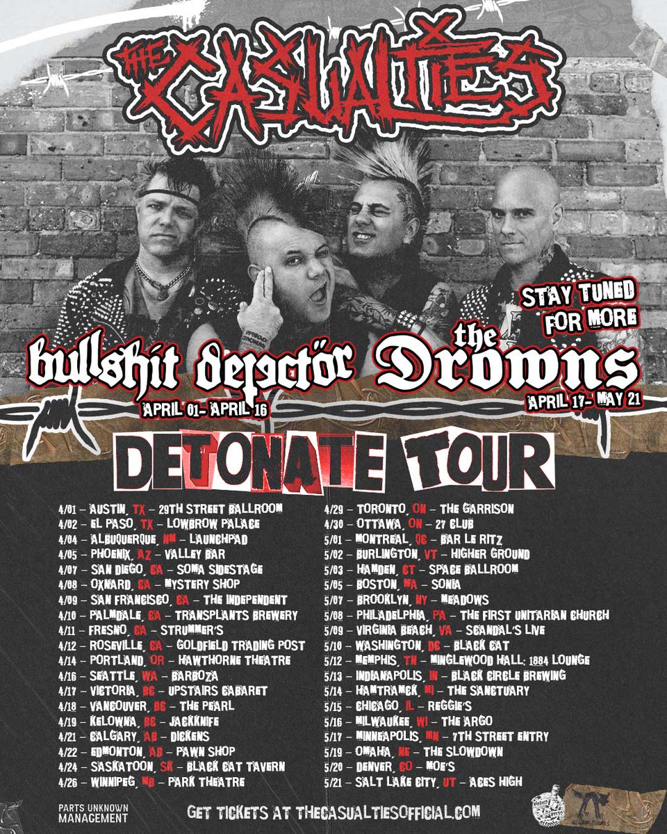 The_Casualties's tweet image. Flying into the new album release and tours!! Tons of shows comin up and lots of good stuff goin on, you don’t wanna miss out on the fun do ya? Which show are you comin to? Comment your city below 🫡

*NEW ALBUM ‘DETONATE’ 3/27*
#thecasualties #detonate 
📸: @Altmann_Joe