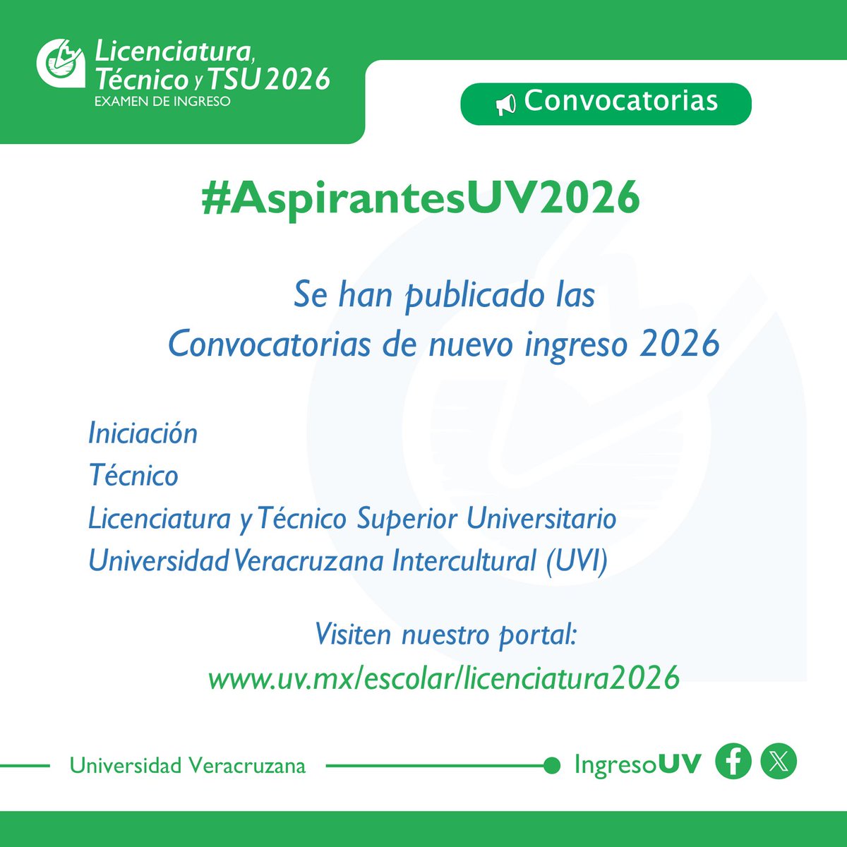 #AspirantesUV2026
Convocatorias publicadas para el proceso de admisión 2026
Los invitamos a consultar y leer detenidamente nuestro portal, ahí encontrarán toda la información para un ingreso exitoso.  
🔗 uv.mx/escolar/licenc…  
Una vez halcón, siempre halcón.