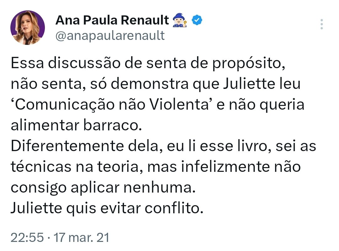 jornalnota's tweet photo. ANÁLISE! 🚨 Durante o #BBB21 da Pandemia, a @anapaularenault comentou uma discussão e elogiou Juliette pela sua capacidade de fugir da briga e citou o livro "Comunicacão não Violenta", de Marshall B. Rosenberg. 

É interessante que Ana Paula demonstra que, mesmo lendo o livro, reconhece sua incapacidade de adotar tal caminho e optar por outras saídas, mas ainda assim reconhecer nos outros essa qualidade em outras pessoas, com em @juliette. 

Talvez seja isso que faça dela uma possível vencedora: alguém que sabe reconhecer suas qualidades e seus limites, mas também ser generosa em ver no outro seu melhor lado, ao mesmo tempo que em que é implacável com seu inimigo dentro das quatro linhas do jogo. 

Ana Paula é uma jogadora que está o tempo todo brincando com as palavras, confundido os adversários com os vocábulos, deixando em dúvida se o que comunica diz mesmo o que está dizendo. A comunicação soa violenta mais pelo gesto do que pelo diz. 

Ela é uma jogadora, antes de tudo, que domina LINGUAGEM e a COMUNICAÇÃO. Por isso amedronta tanto todo mundo.