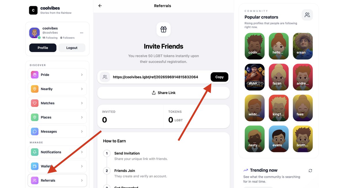 coolvibeslgbt's tweet image. 🚀 CoolVibes Updated! 🌈

Invite friends &amp;amp; earn 50 LGBT tokens each! 💰

Update your app, share your referral link &amp;amp; start stacking rewards today!

#CoolVibes #Referral #LGBT