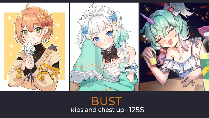 hi

I'm opening comms, currently taking 4 slots for main comms.

Trying out new things in the simple tier (4th image). I'll be taking these on the side and doing them as I go, if you're interested I'll put you on a waitlist.

Check T&amp;C before DMing, carrd in bio

RTs appreciated 