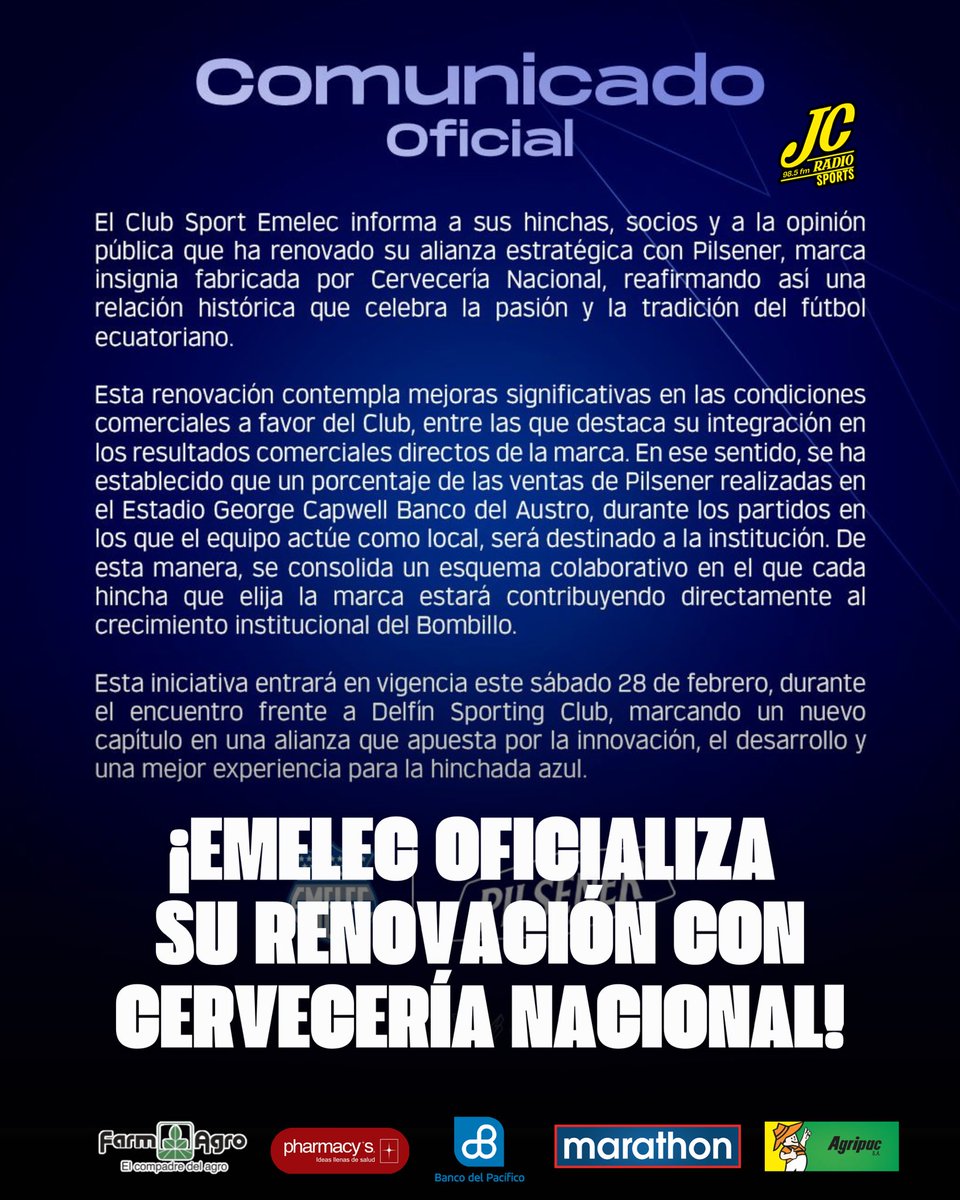 JCRadioSports_'s tweet photo. ⚡️¡El bombillo oficializa su renovación con la marca de cervecería nacional!⚡️

🔵Club Sport Emelec y Pilsener vuelven a tener una alianza estratégica que arrancará desde este sábado.

#jcradiosports #emelecista #viral https://t.co/JdKOyx6nPo