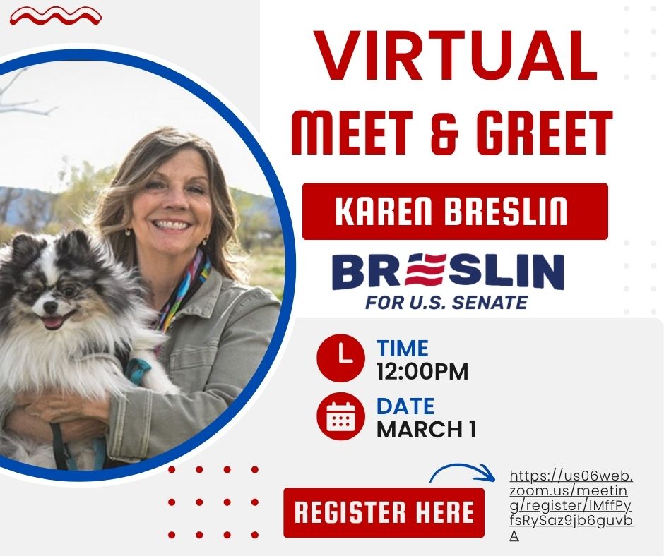 breslin4senate's tweet photo. Join Karen Breslin, Candidate for U.S. Senate in CO, on Zoom for a virtual Meet and Greet on Sunday, March 1st @12:00 PM, click this link to register! See you all there. https://t.co/J9RfkZbEj3 https://t.co/c7O89F2mtT
