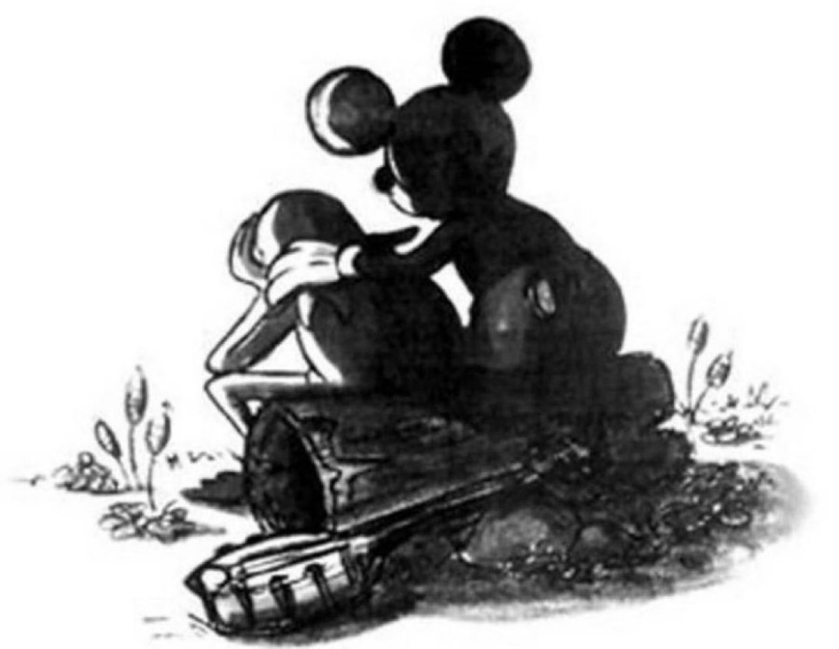 historycalendar's tweet photo. A drawing by Disney Studio featuring Mickey Mouse consoling Kermit the Frog that was sent out following the death of Jim Henson in 1990. https://t.co/SWATuf6MKr