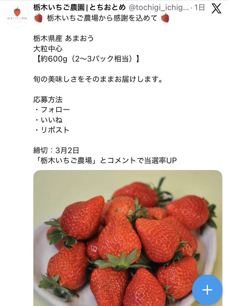 Xで偽農家アカウント増加「あまおう」プレゼントに商標侵害疑い、JAが警告