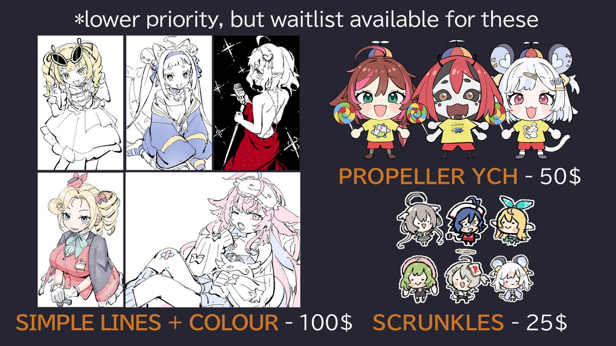 hi

I'm opening comms, currently taking 4 slots for main comms.

Trying out new things in the simple tier (4th image). I'll be taking these on the side and doing them as I go, if you're interested I'll put you on a waitlist.

Check T&amp;C before DMing, carrd in bio

RTs appreciated