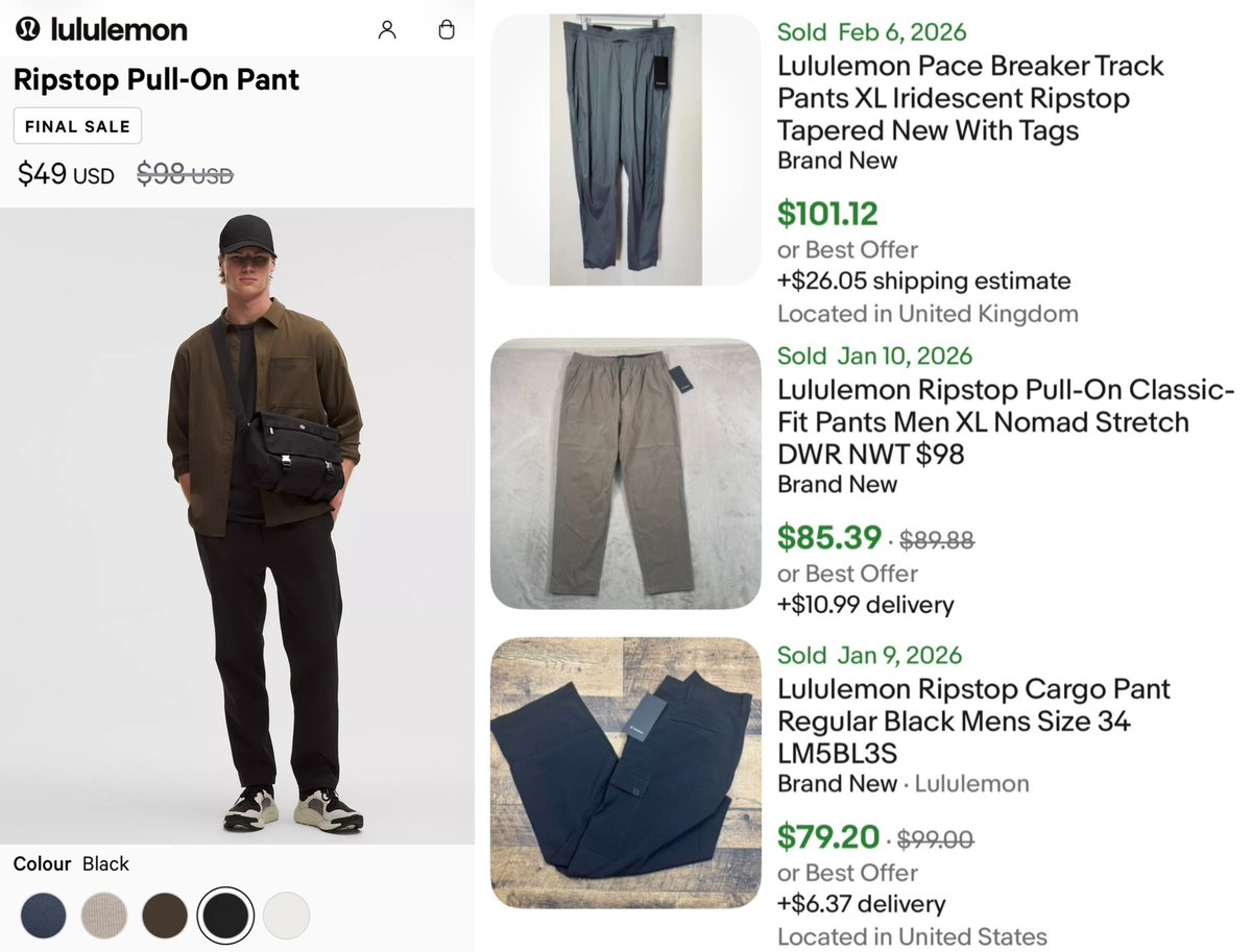 GlitchedDeals's tweet photo. LULULEMON PANTS NOW $49

Extremely rare Lululemon sale drops price on ALL colors of their pull-on pant

Originally $98, same Lululemon ripstop pants are going for $80+ on eBay 

Many sizes available + FREE shipping on all orders

https://t.co/9wUlO33Ug4 #ad https://t.co/cxGYsvMavz