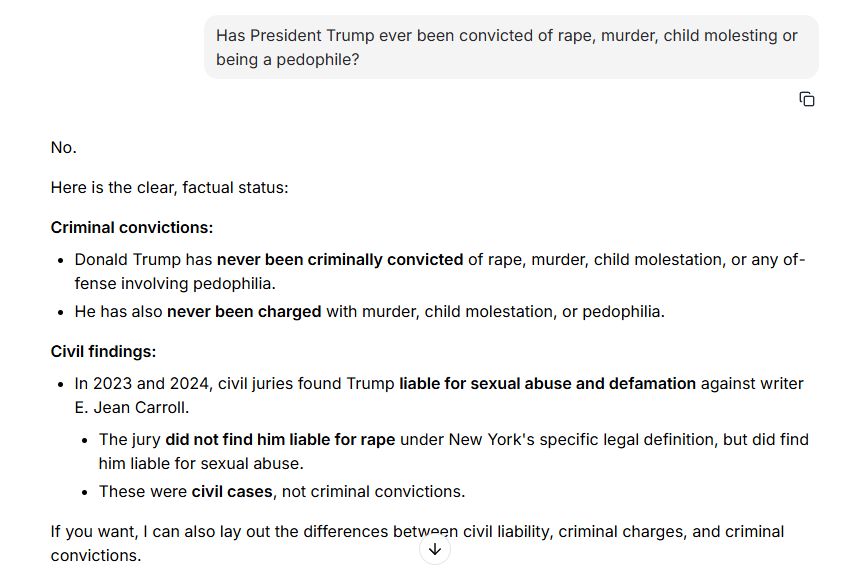 terry_dejong's tweet photo. Still seeing lots of posts with calling President Trump a murder, rapist and/or pedophile. I asked AI a couple questions referring to this. Interesting responses: https://t.co/sQHRSD4xIl