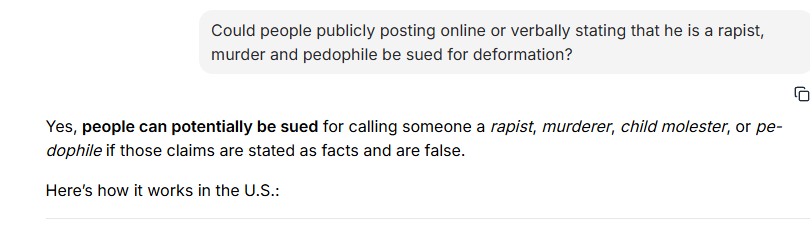 terry_dejong's tweet photo. Still seeing lots of posts with calling President Trump a murder, rapist and/or pedophile. I asked AI a couple questions referring to this. Interesting responses: https://t.co/sQHRSD4xIl