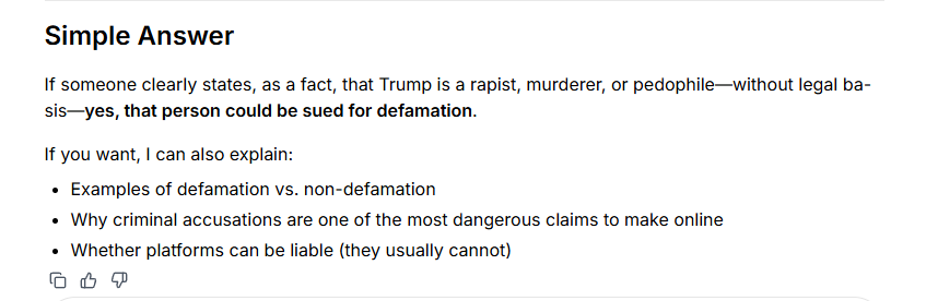 terry_dejong's tweet photo. Still seeing lots of posts with calling President Trump a murder, rapist and/or pedophile. I asked AI a couple questions referring to this. Interesting responses: https://t.co/sQHRSD4xIl
