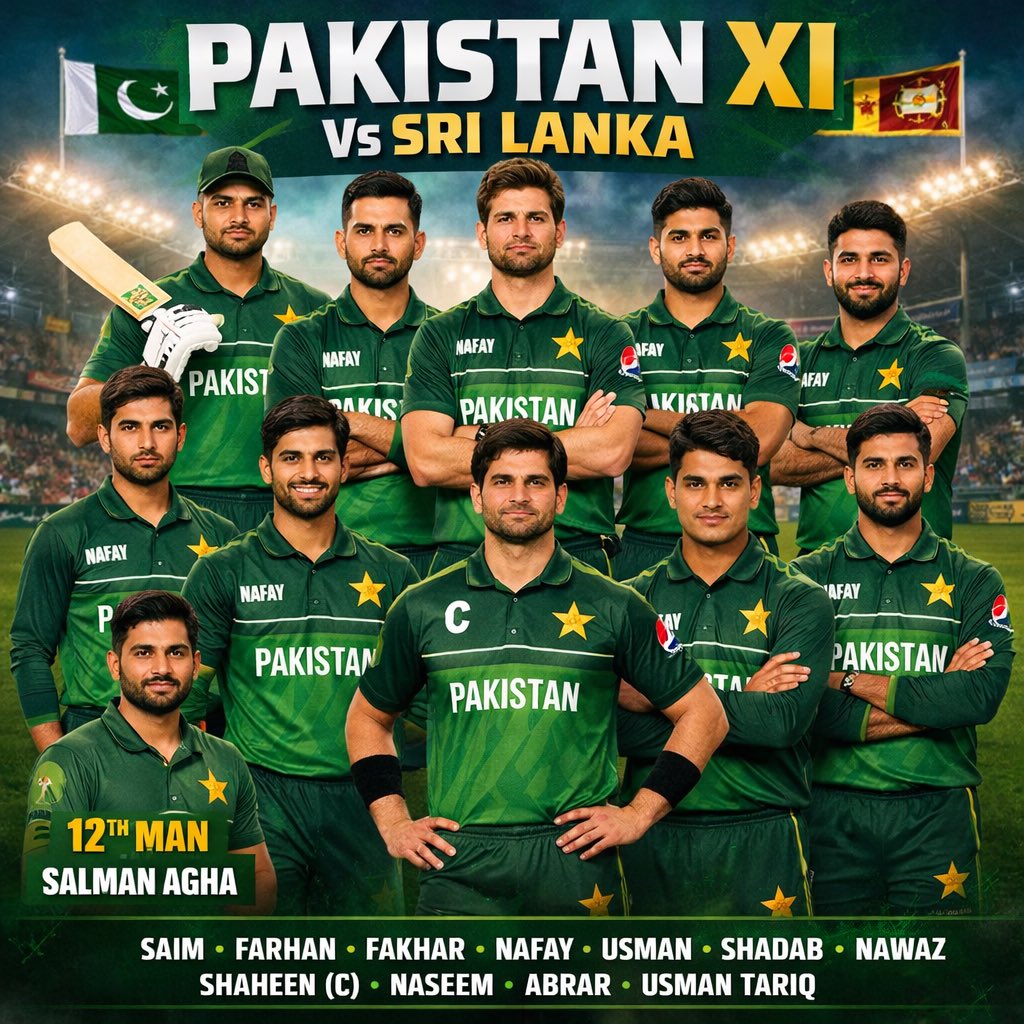 shoaib207's tweet photo. Top order
1.Saim Ayub 
2.Sahibzada Farhan
3.Fakhar Zaman 
Middle
4. Nafay – Young attacking option
5. Usman Khan 
6. Shadab Khan 
7. Mohammad Nawaz 
Bowling unit
8. Shaheen Shah Afridi (C) 
9. Naseem Shah 
10. Abrar Ahmed 
11. Usman Tariq 

12th man: Salman Agha https://t.co/qj7NRRZPKU
