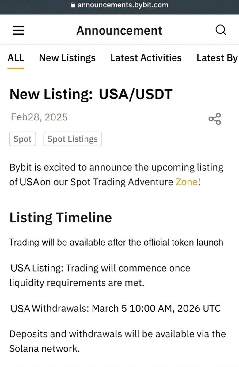 JUST IN 🇺🇸 Bybit will list Donald Trump’s new meme coin $USA for spot trading 🚀

🔗 Official presale: Usacoinofficial.com
Telegram: t.me/+eHA0bTLWkSVhN…

I’ve been calling Trump’s Coin for weeks and it’s now officially confirmed.

I’ve invested thousands of dollars and it