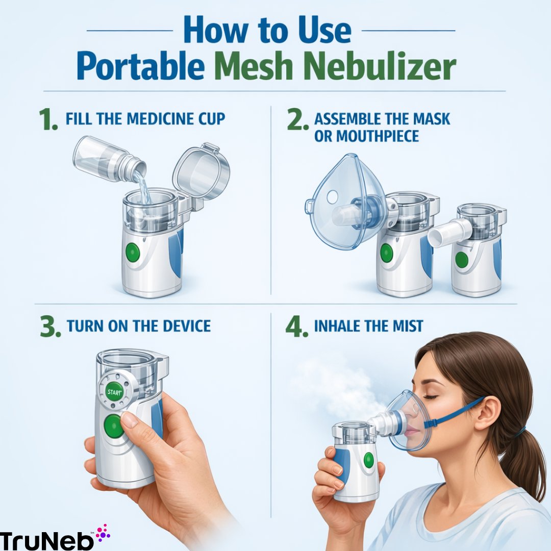 Portable mesh nebulizer refresher 👇
✅ 1) Fill the medicine cup (Clinically prescribed)
✅ 2) Attach the mask or mouthpiece
✅ 3) Turn on the device
✅ 4) Inhale the mist slowly while sitting upright

#RespiratoryCare #Nebulizer