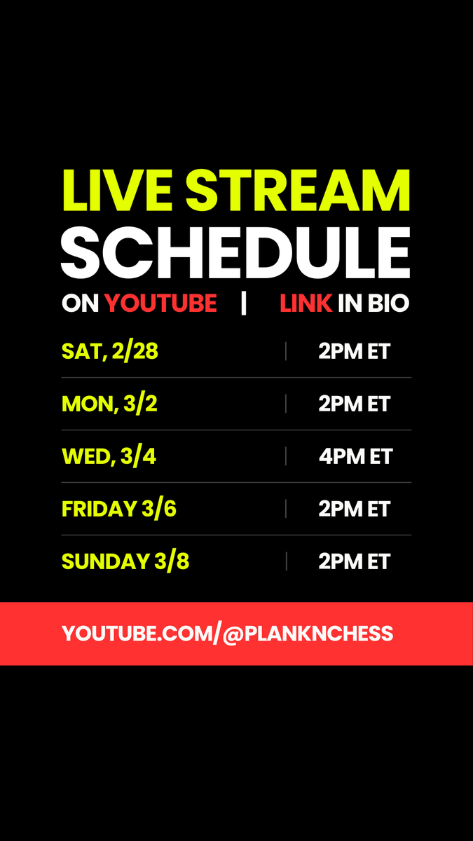 planknchess's tweet photo. This week's live stream schedule https://t.co/haOVKrdtFW