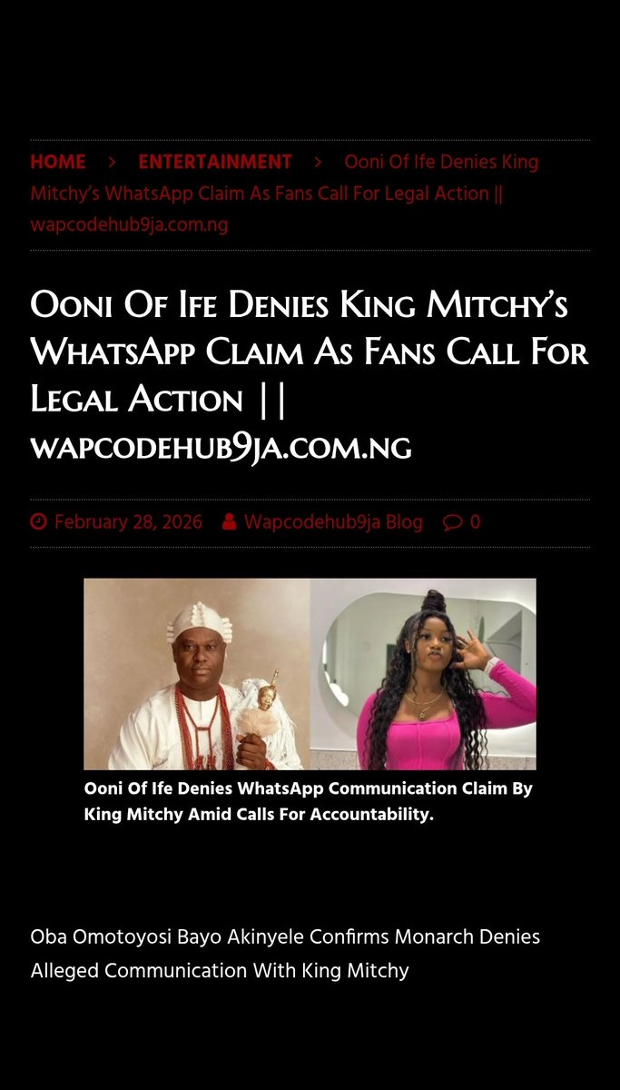 Ooni Of Ife Denies King Mitchy’s WhatsApp Claim As Fans Call For Legal Action.
Oba Omotoyosi Bayo Akinyele Confirms Monarch Denies Alleged Communication With King Mitchy

By Wapcodehub9ja LIVE

#wapcodehubsite #mode #Nigeria #entertainment #trendingreels