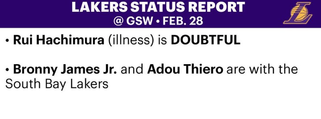 Rui Hachimura is DOUBTFUL for Saturday’s game @ Warriors