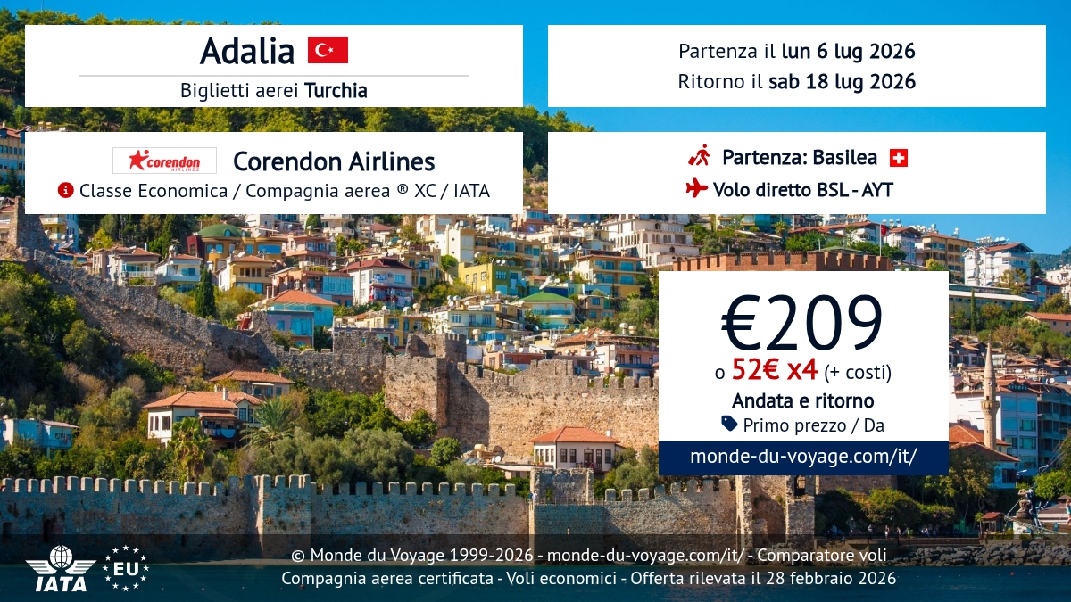 Monde_du_Voyage's tweet image. ✈️ Volo diretto Basilea → Adalia con Corendon Airlines a soli 209€! 🤑 Biglietto low cost, promo imperdibile, prezzo scontato e pagamento in 3X o 4X disponibile. Voli discount per la Turchia 🇹🇷 #OffertaVolo #LowCost #PromoViaggi #Corendon #Adalia2026 monde-du-voyage.com/it/turchia/vol…