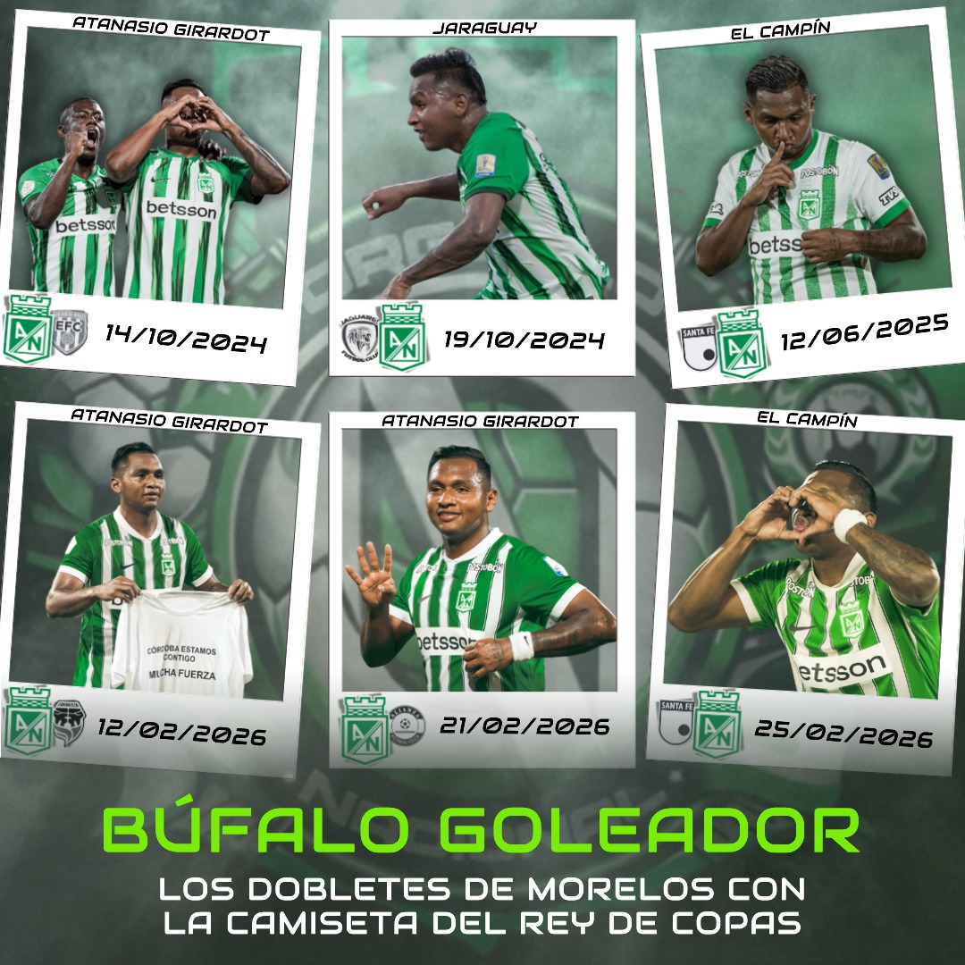𝗟𝗼𝘀 𝟲 𝗱𝗼𝗯𝗹𝗲𝘁𝗲𝘀 𝗱𝗲𝗹 '𝗕𝘂́𝗳𝗮𝗹𝗼' 🇳🇬⚽️ 

Con los dos más recientes goles anotados a Santa Fe en El Campín, el 'Búfalo' Morelos completó 6 dobletes con la sagrada camiseta de <a href="/nacionaloficial/">Atlético Nacional</a>.