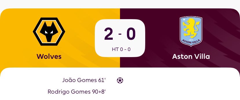 Jogo Gomes and Rodrigo Gomes were on target as Wolverhampton Wanderers stunned Aston Villa with a commanding 2–0 derby victory at Molineux. Despite sitting bottom of the Premier League table, Wolves produced a spirited display to secure only their second win of the season, a