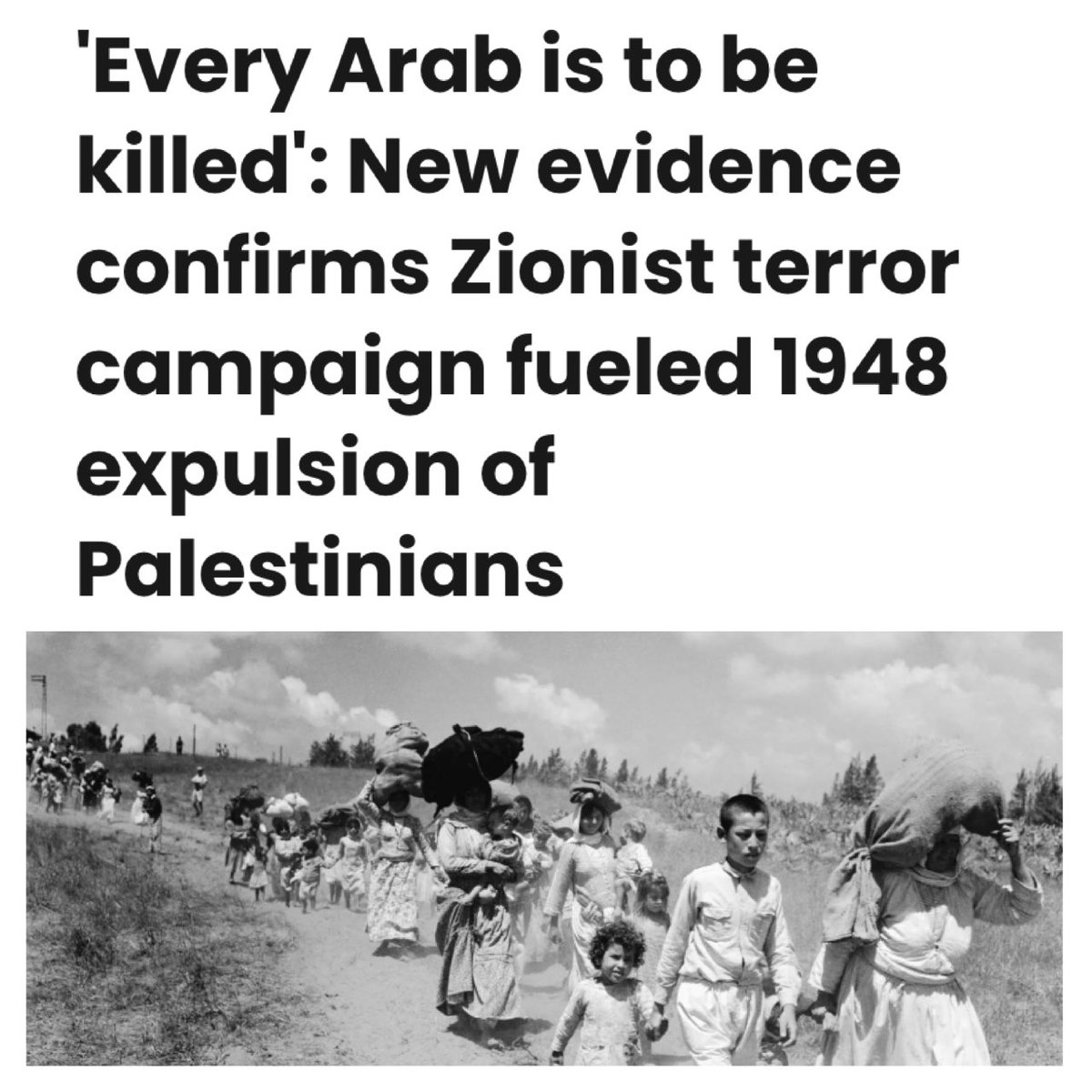 TruthFairy131's tweet photo. 🔥 BREAKING 🔥

Israelis have long claimed that Palestinians 'voluntarily' fled their homes and lands to allow Israel to be established.

New Israeli documents have emerged confirming that Zionist militias used massacres, rapes, torture and expulsions to ethnically cleanse some 800,000 Palestinians to create the state of Israel in 1948.

To understand Palestinians & where HAMAS came from, you need to understand what happened to the non-Jewish Palestinian Population in 1948.

What radicalised them?