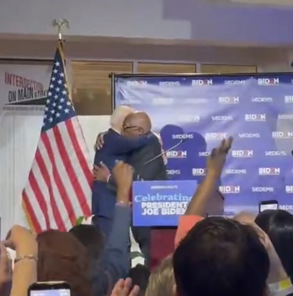 PollTracker2024's tweet image. Rep. Jim Clyburn (D-SC) hugs former President Joe Biden at a reception to celebrate his legacy in South Carolina