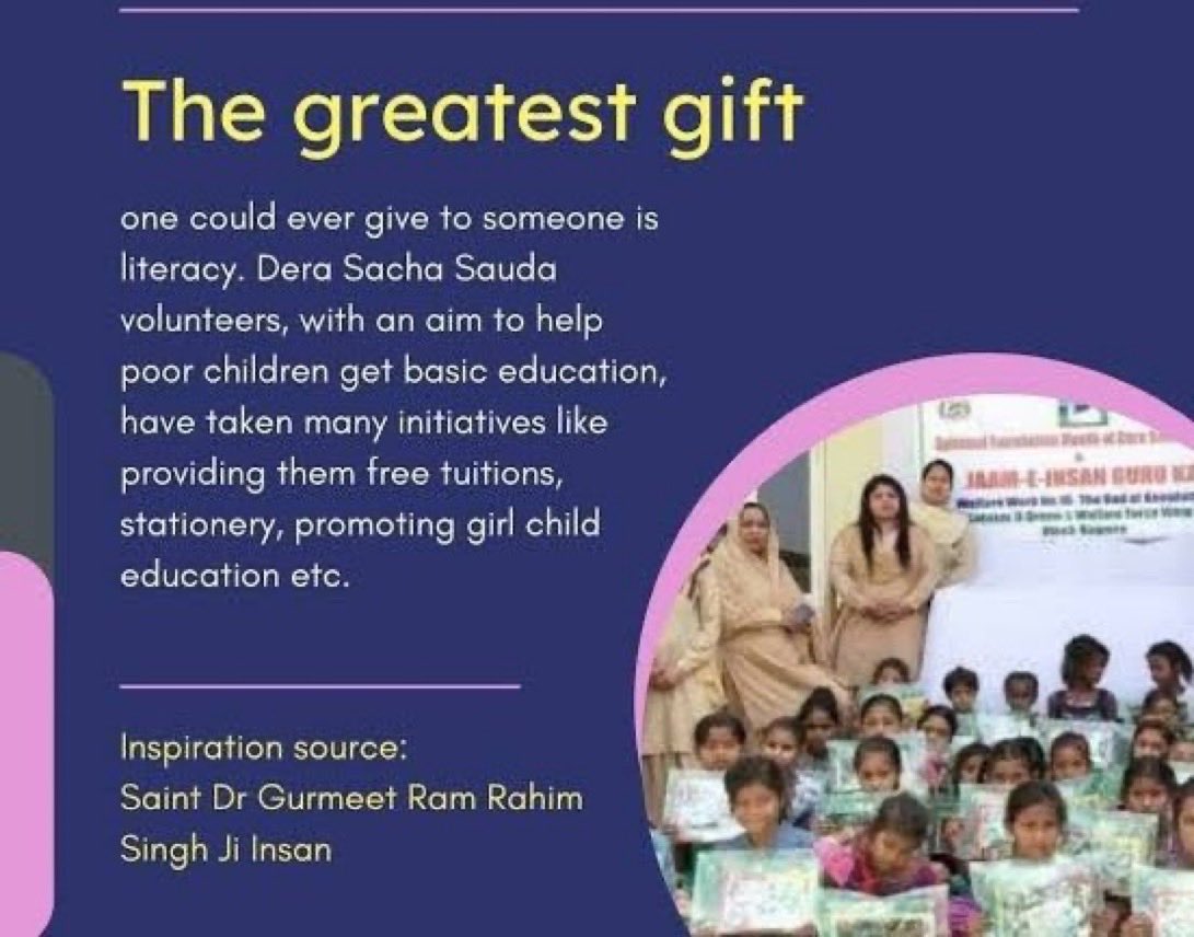 Nehainsan25's tweet photo. Think of a future where each &amp; every kid is blessed with the gift of education. To fulfill this, Revered Saint Gurmeet Ram Rahim Ji initiated the GiftOfEducation initiative under which DSS volunteers provide free education, stationery &amp; necessities for education.
#EducationForAll https://t.co/UfadRgVcby