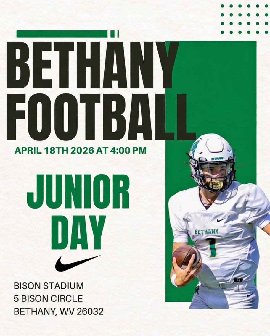 Thank you <a href="/CoachTaylorB/">Taylor Boyett</a> and <a href="/BethanyWV_FB/">Bethany College Football</a> for the Junior day invite! Hope to be there soon! Can’t wait! <a href="/TheCoachPowers/">Trevor Powers</a> <a href="/TheCoachSy/">Syris Dunlap</a> <a href="/Coach_Hagans/">Kaleb Hagans</a> <a href="/coachallsman/">Coach Nick Allsman</a>.