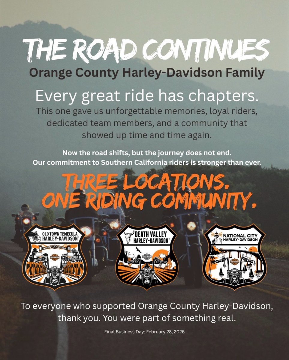 To everyone who made <a href="/ORANGECOUNTYHD/">ORANGE COUNTY HARLEY-DAVIDSON</a> your home store — thank you.
Thank you for supporting your local dealership, for trusting us with your dreams, and for allowing us to be part of the moments that turned into lifelong memories. #harleydavidson