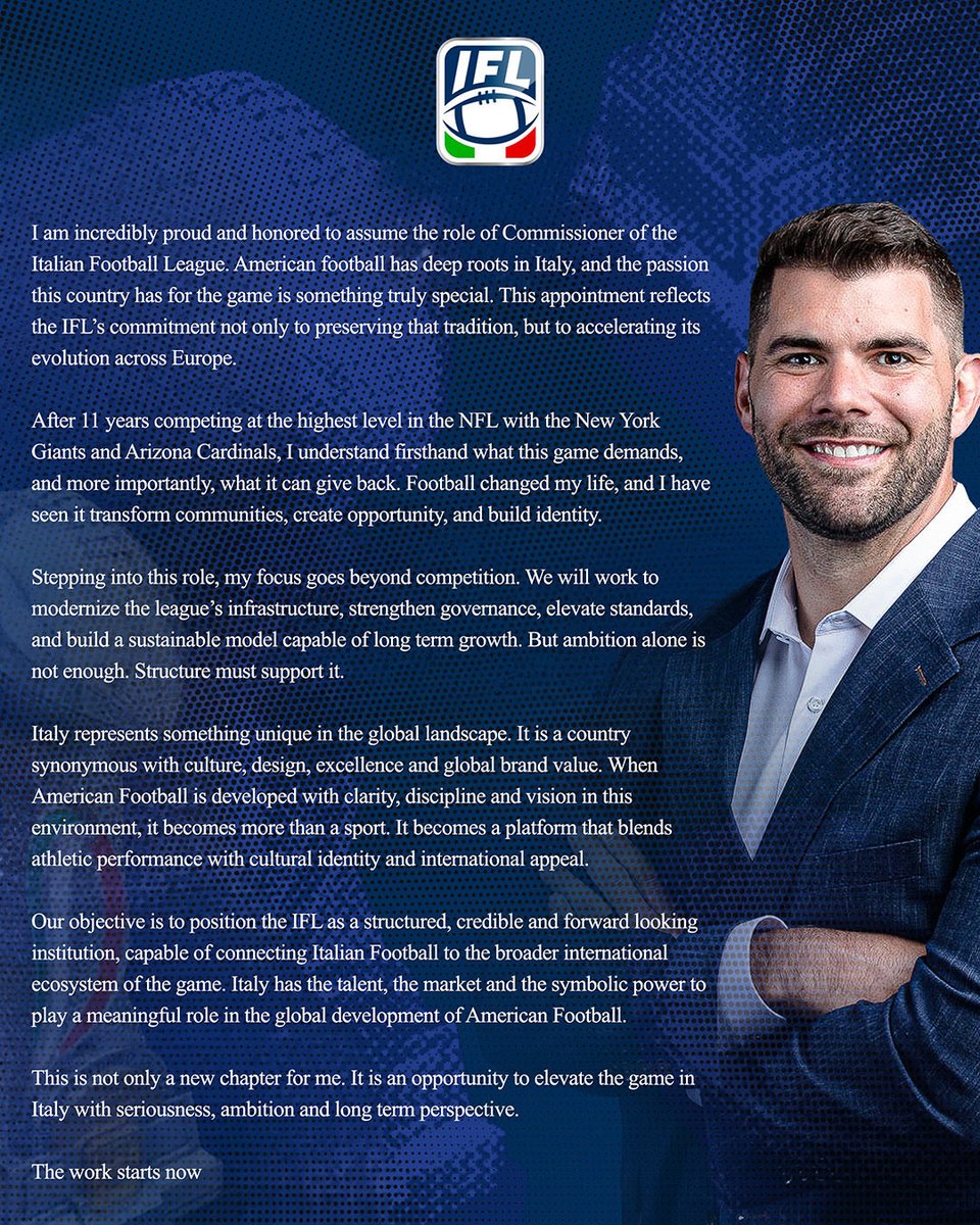 MikeGarafolo's tweet image. Former #Giants and #AZCardinals OL Justin Pugh has accepted a role as commissioner of the Italian Football League with the intent of growing the game in Italy, which could one day join the collection of European countries to host an NFL game.