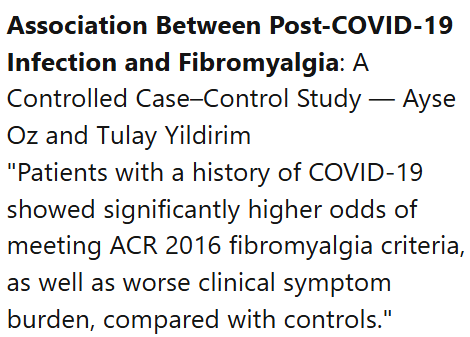 TomKindlon's tweet image. From Turkey 🇹🇷

"Patients with a history of COVID-19 showed significantly higher odds of meeting ACR 2016 fibromyalgia criteria"

mdpi.com/2077-0383/15/3…

Screenshot from latest Science for ME weekly update

#LongCovid #Fibromyalgia
