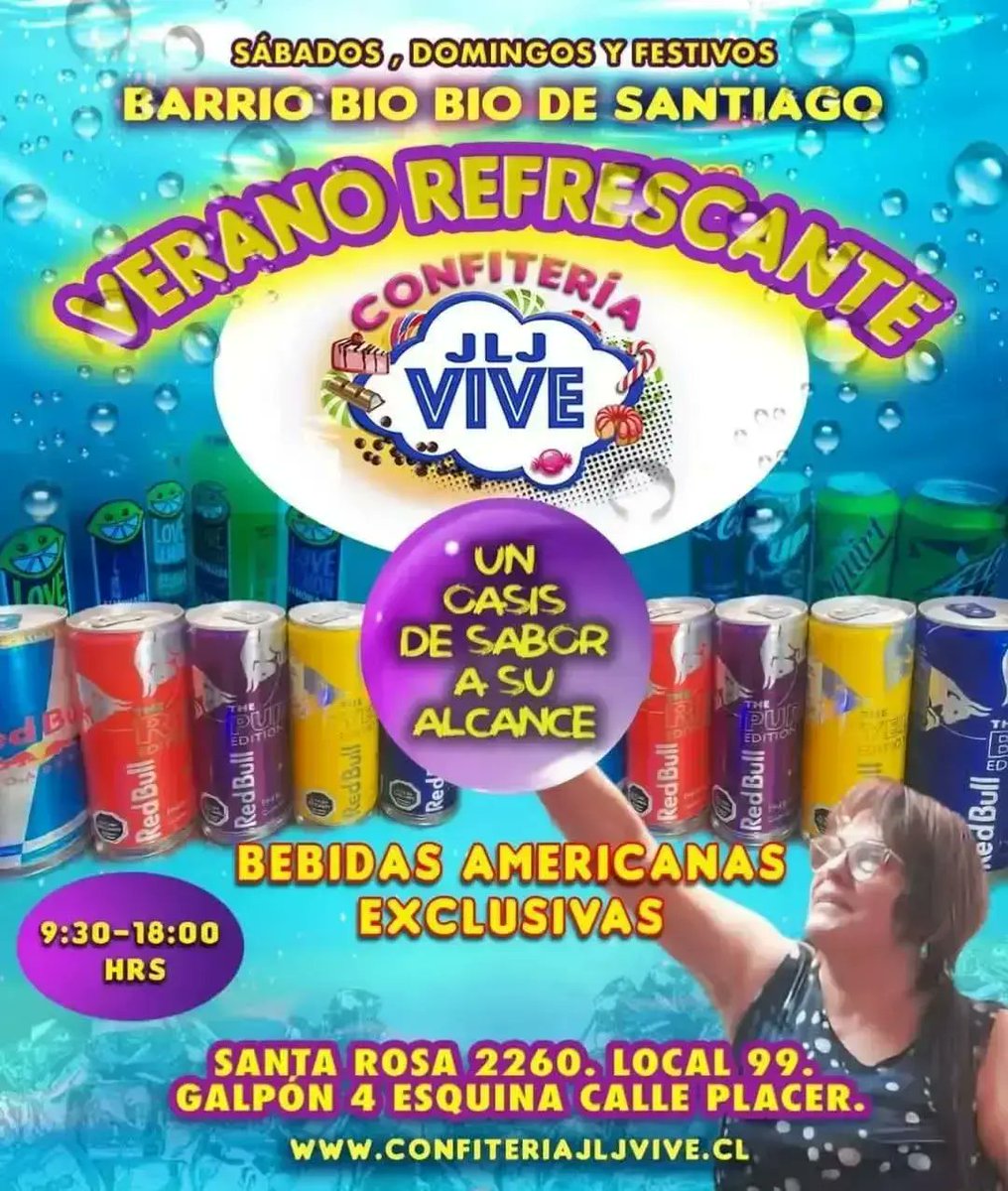 🇨🇱👉CONFITERIA JLJ VIVE
🇨🇱👉BARRIO BÍO BIO 
SANTIAGO 
💖👉ABIERTO 
💖👉SABADOS
💖👉DOMINGOS
💖👉FESTIVOS
👉9.30 18:00 Horas
🇨🇱👉 SANTA ROSA 2260
🇨🇱👉Locales 98/99
🇨🇱👉ESQUINA CALLE PLACER GALPON 4
💖👉DELICIAS AL PASO
💖👉KUCHENES /QUEQUES
💖👉PAI /BEBIDAS
confiteriajljvive.cl