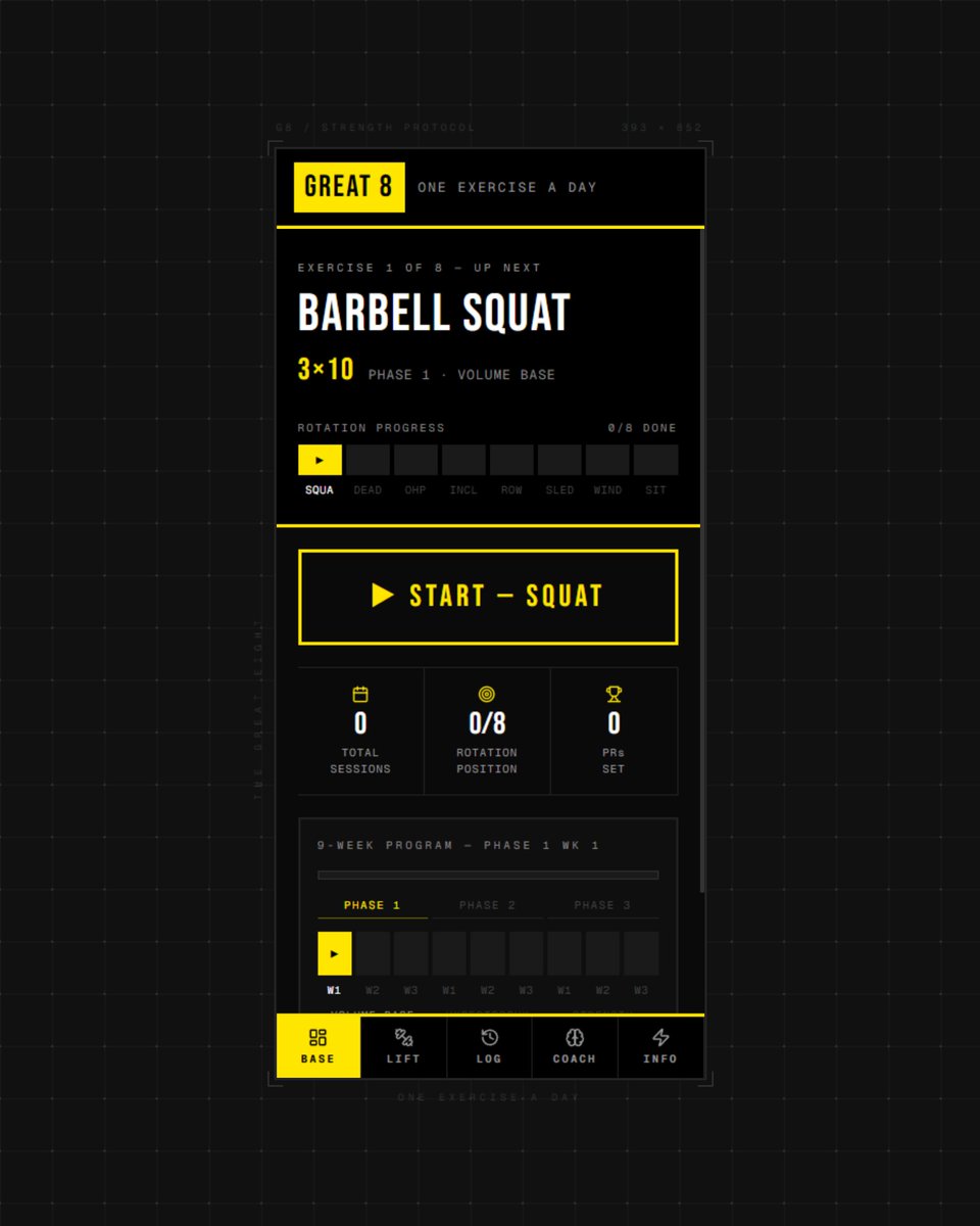 JacobPJohnson's tweet photo. Built The Great Eight in Figma Make — a brutalist 1-exercise-per-day strength tracker with AI coaching, auto rest timers, PR detection, and e1RM charts.

https://t.co/tPd8Fgh8s8

@figma @contra @figmamake #figmamakeathon https://t.co/BVt4OgdXhC