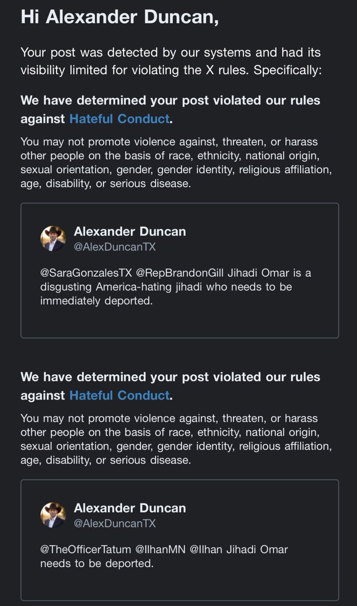 X is turning into leftist garbage once again. When did a fact become “Hateful Conduct.” I simply stated that <a href="/IlhanMN/">Ilhan Omar</a> is a disgusting, American-hating jihadi who should be a deported. What’s hateful about that statement?