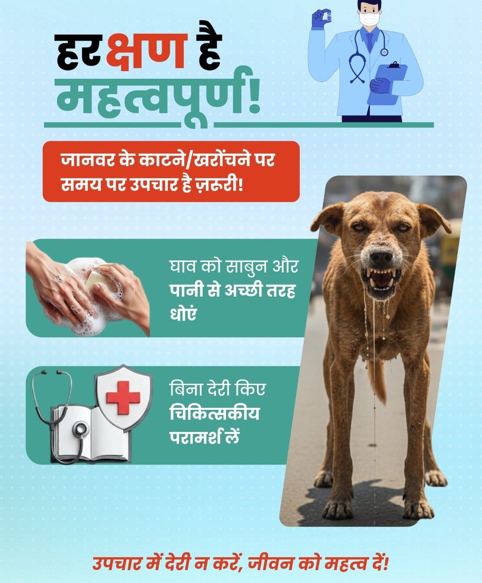 JansamparkK's tweet image. जानवर के काटने पर हर क्षण कीमती होता है। इसलिए उनके काटने या खरोंचने पर समय पर उपचार अवश्य कराएं। 🩺⚠️

#RabiesAwareness #HealthSafety #katni #कटनी