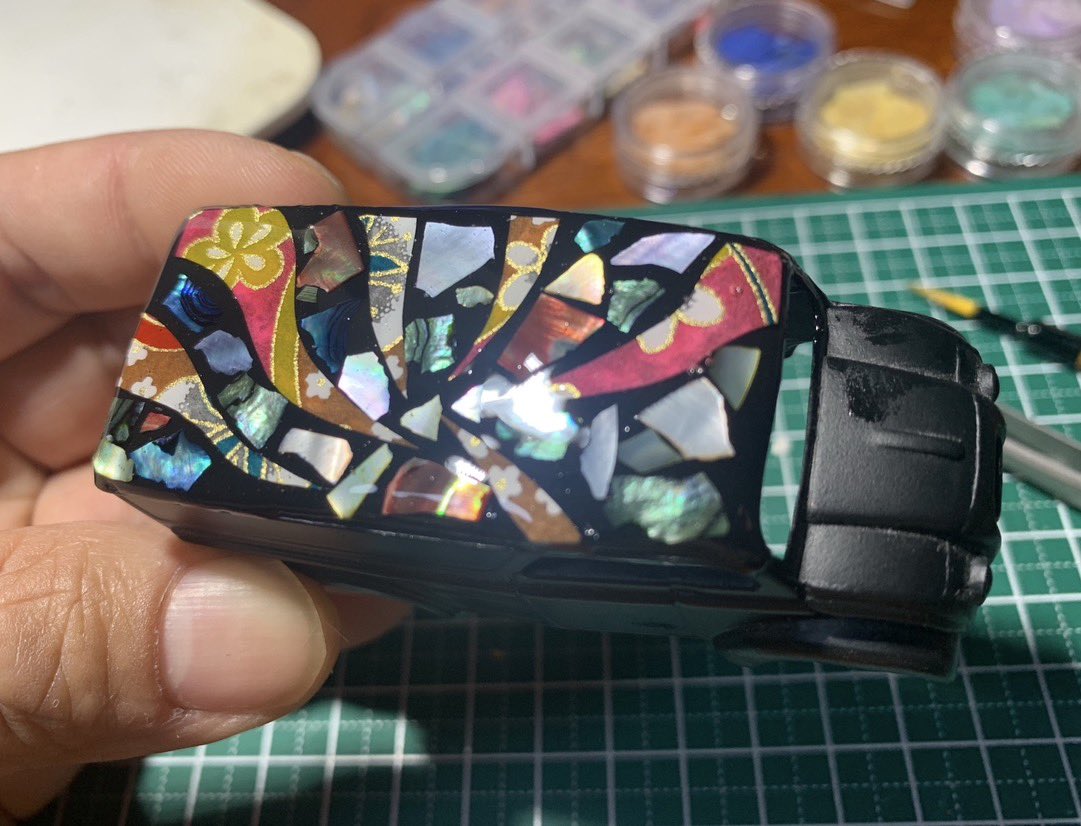 2020年に試作した螺鈿細工の写真あった シェルと千代紙を組み合わせて