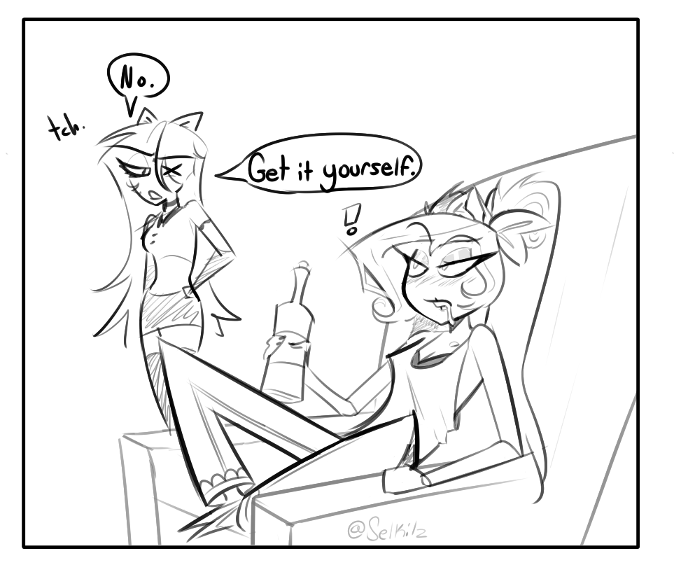 Selkilz's tweet photo. GO GET ME ANOTHER BEER -- Velvette to Vaggie
Fallenfashion comic :3

#Vaggie #Velvette #HazbinHotel https://t.co/ddyD4Scah5
