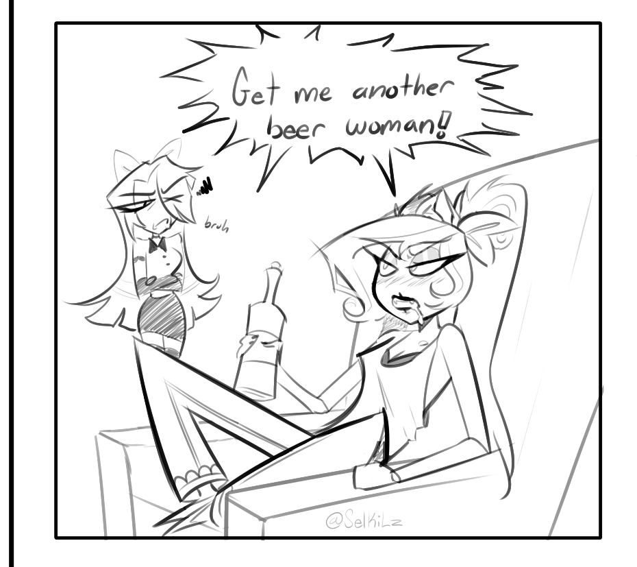 Selkilz's tweet photo. GO GET ME ANOTHER BEER -- Velvette to Vaggie
Fallenfashion comic :3

#Vaggie #Velvette #HazbinHotel https://t.co/ddyD4Scah5