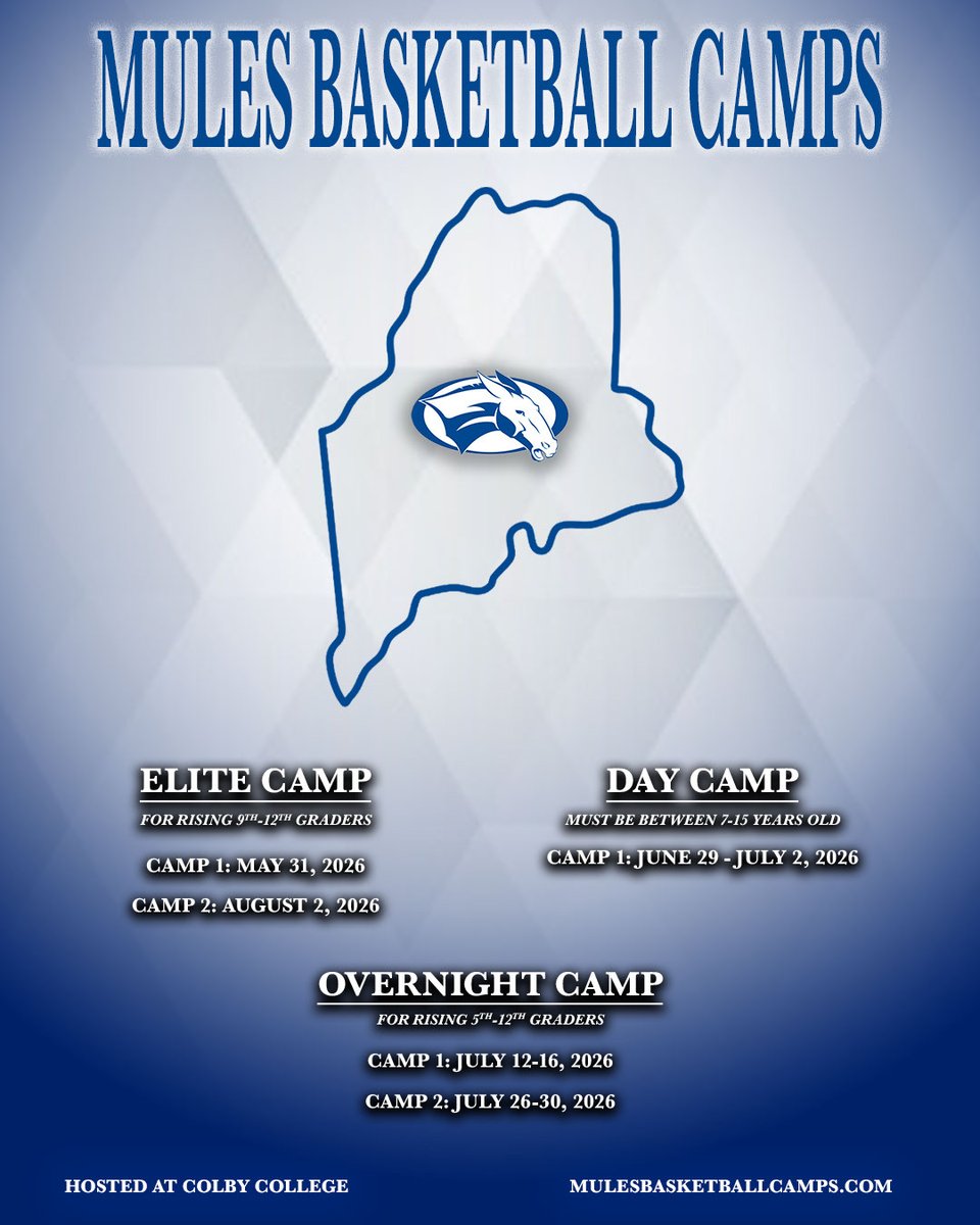 Excited to continue the legacy of amazing camps at Colby College!
Going to be a great summer at Mules Basketball Camps. Can’t wait to get back in the gym and keep building something special.
See you this summer in Waterville! 🐴🏀 #MulesBasketball #ColbyCollege #SummerHoops