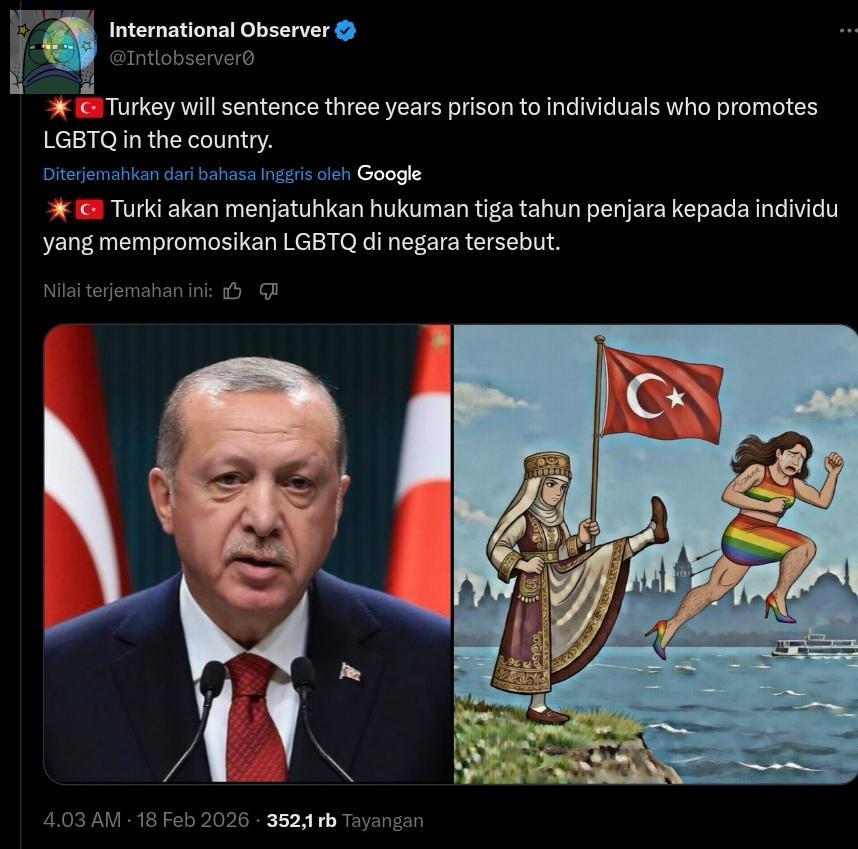 TW 🌈 
💚 what do u think guysss? Turki akan menghukum penjara 3 tahun siapa pun yang “mempromosikan LGBTQ” di negara mereka? 🙄