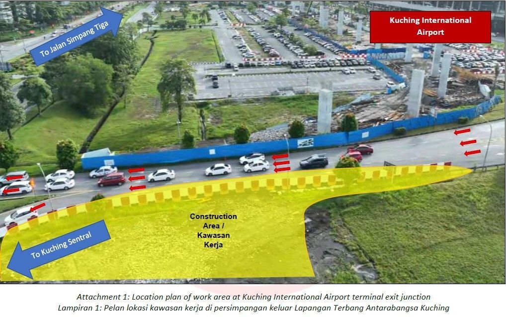 A stretch of road near the junction exiting from Kuching International Airport will be closed partially for three months, for construction works. 
The temporary partial road closure is from 2 March to 30 May 2026.
Thank you for your cooperation and patience.
Drive safe.