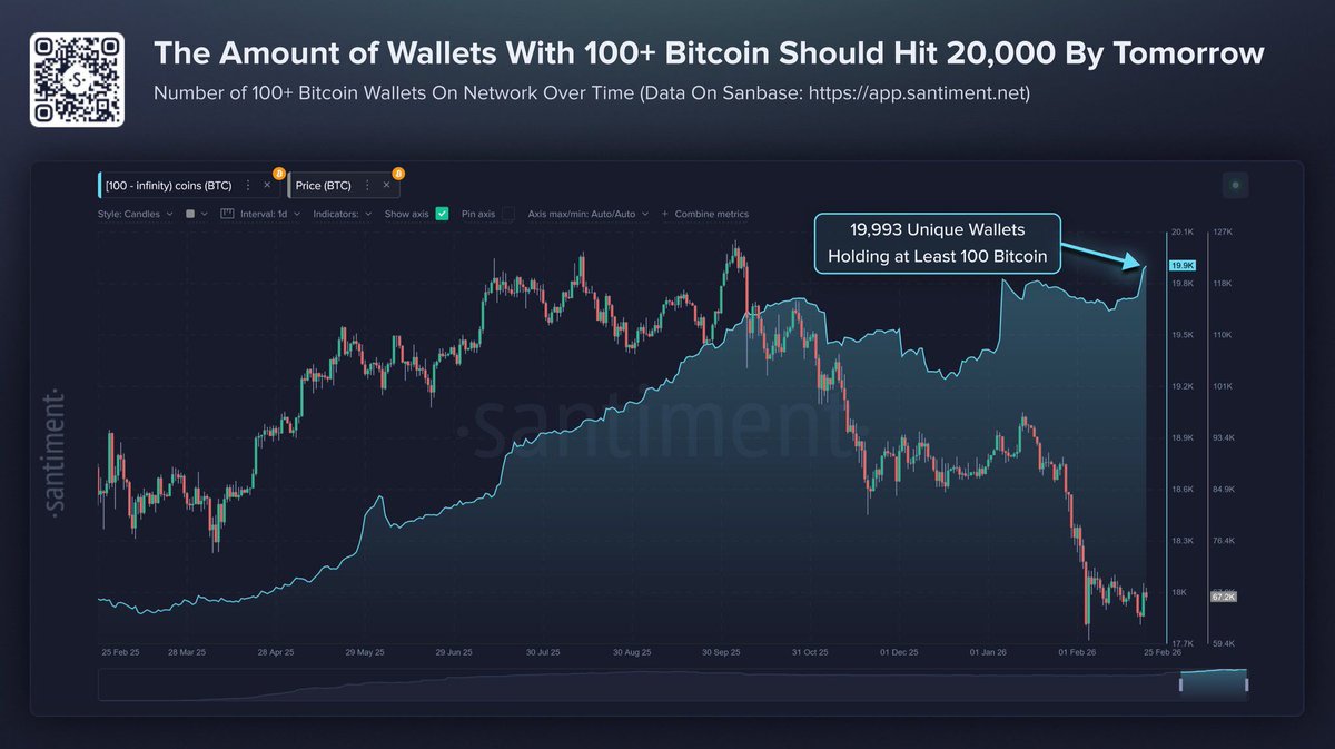 🔥 BULLISH: Bitcoin is approaching 20,000 wallets holding at least 100 $BTC, a trend often seen during accumulation phases as larger holders absorb supply from retail investors.
