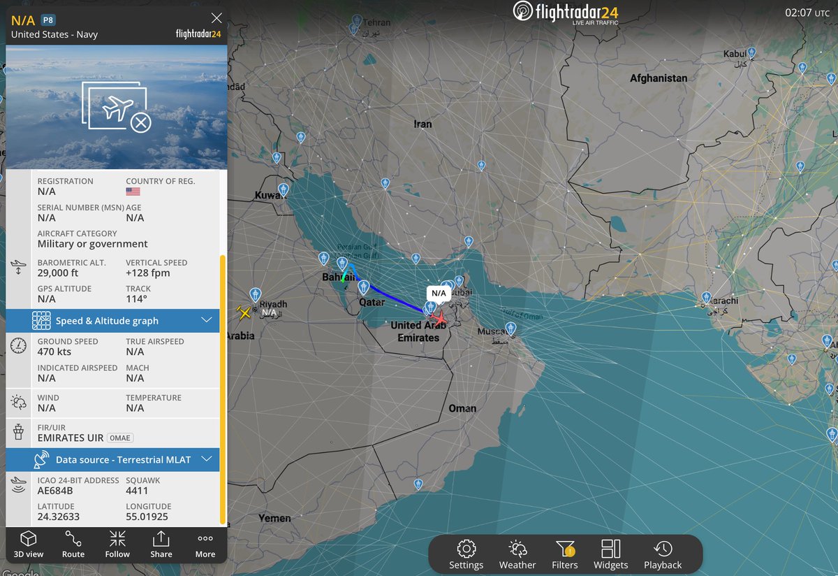 hey_itsmyturn's tweet image. #USN 🇺🇸  P-8A Poseidon (AE684B) takes off from Bahrain for another day of ISR/ASuW mission over the Gulf of Oman / Persian Gulf.