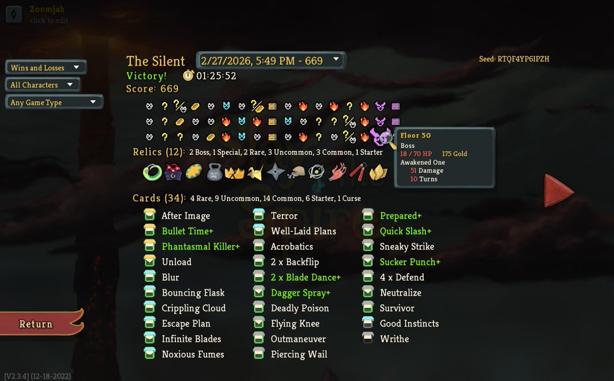 Zoomjah's tweet photo. Played some Slay the Spire for the first time in a very hot minute. I think it started without my past content. Died on iron clad, then managed to go all the way on Silent, for probably my first ever Awakened One Kill!

Was definitely seeing the perks from extra card draw! https://t.co/iOxaRNiJ5B