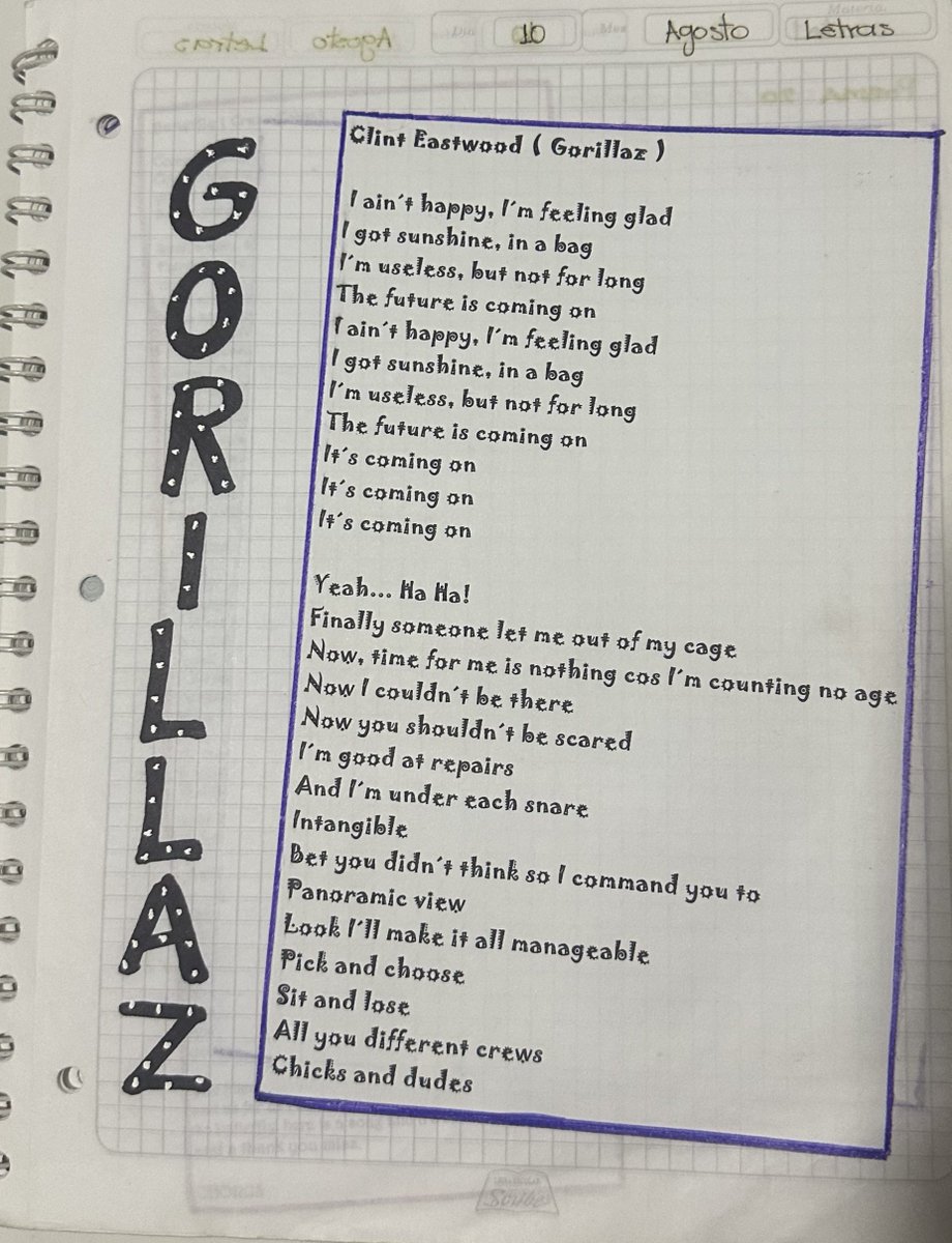 CataUrizaC's tweet photo. @gorillaz conmemorando su nuevo álbum desempolvé mi cuaderno del colegio. 
Que opinan?
#gorillaz #themountaintour2026 https://t.co/wYtDVXKI6f