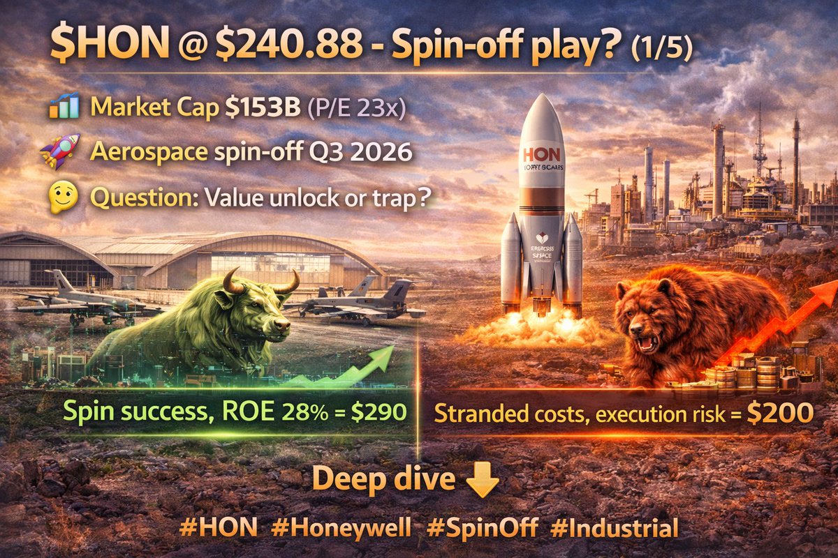 prettypek4531's tweet photo. $HON @ $240.88 - Spin-off play? (1/5)

📊 Market Cap $153B (P/E 23x)
🚀 Aerospace spin-off Q3 2026
🤔 Question: Value unlock or trap?

🐂 Spin success, ROE 28% = $290
🐻 Stranded costs, execution risk = $200

Deep dive 👇
#HON #Honeywell #SpinOff #Industrial https://t.co/xWNj6bgi7L